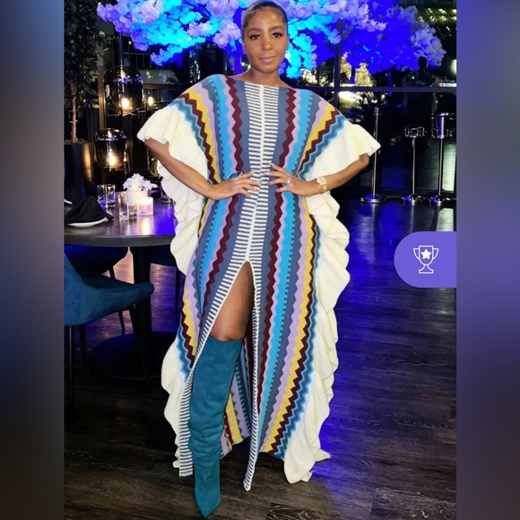 TRIBAL PATTERN RUFFLE SLIT CASUAL MAXI DRESSES - Picture 3 of 5